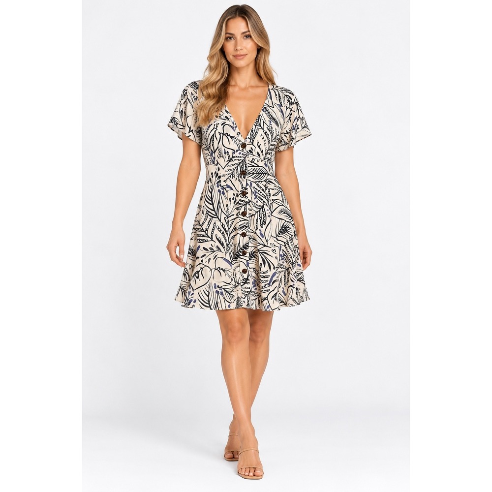 Marine Layer Mini Dress Womens Small Cream Tropical Leaf Print Boho Tie Back